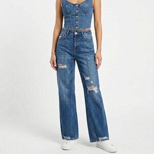 Rock & Roll Denim Women's Blue Flare Y2K Distressed Jeans Size 6 (28x34)